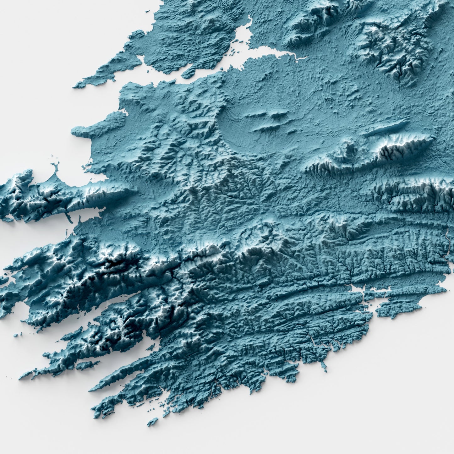 A minimalist relief map of Ireland in a frame made out of pine wood. Topographic map poster for travel and geography fans.