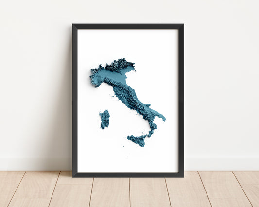 A minimalist relief map of Italy in a frame made out of pine wood. Topographic map poster for travel and geography fans.
