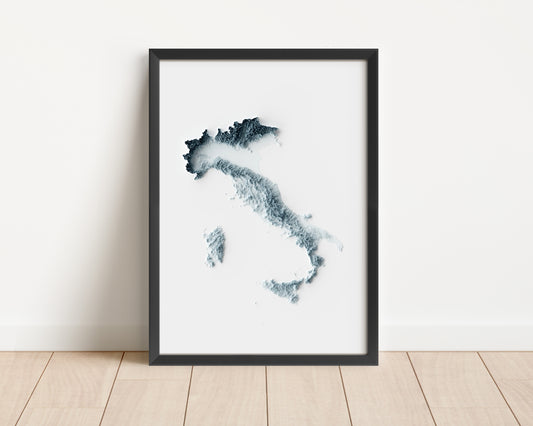 A minimalist relief map of Italy in a frame made out of pine wood. Topographic map poster for travel and geography fans.