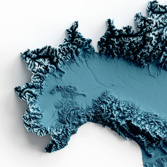 A minimalist relief map of Italy in a frame made out of pine wood. Topographic map poster for travel and geography fans.