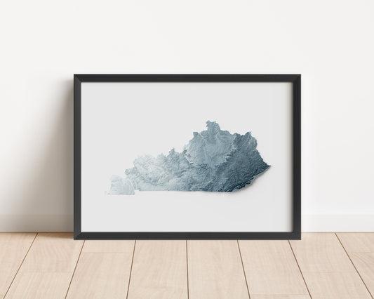 A minimalist relief map of the US State of Kentucky in a frame made out of pine wood. Topographic map poster for travel and geography fans.