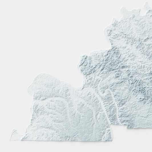 A minimalist relief map of the US State of Kentucky in a frame made out of pine wood. Topographic map poster for travel and geography fans.