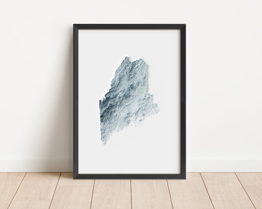 A minimalist relief map of the US State of Maine in frame made out of pine wood. Topographic map poster for travel and geography fans.