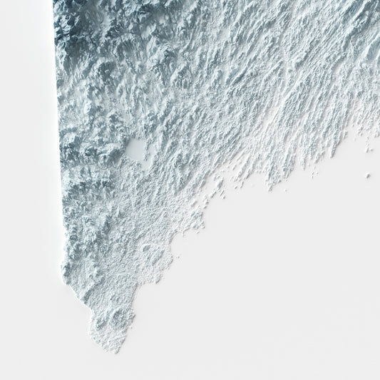 A minimalist relief map of the US State of Maine in frame made out of pine wood. Topographic map poster for travel and geography fans.