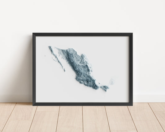 A minimalist relief map of Mexico in a frame made out of pine wood. Topographic map poster for travel and geography fans.