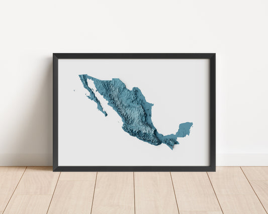 A minimalist relief map of Mexico in a frame made out of pine wood. Topographic map poster for travel and geography fans.
