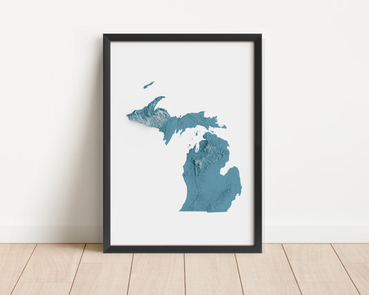 A minimalist relief map of the US State of Michigan in a frame made out of pine wood. Topographic map poster for travel and geography fans.