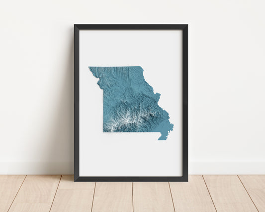 A minimalist relief map of the US State of Missouri in a frame made out of pine wood. Topographic map poster for travel and geography fans.