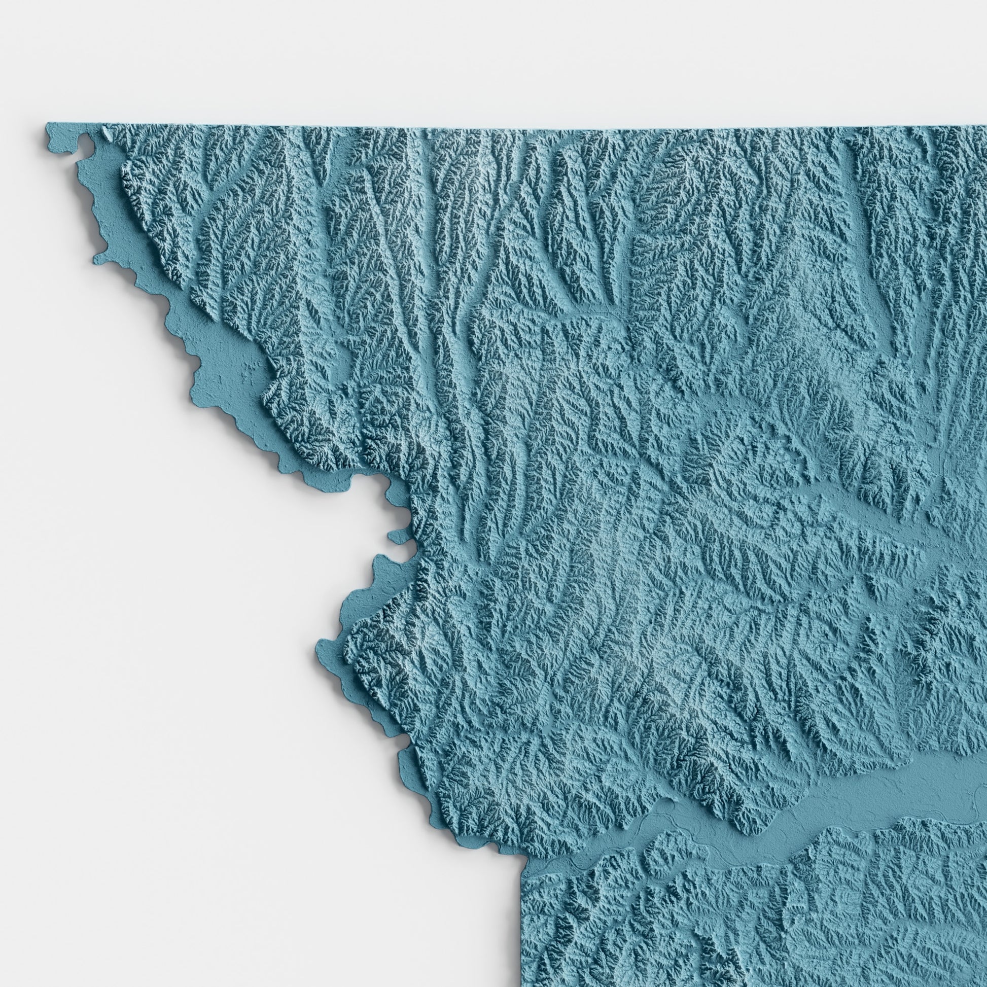 A minimalist relief map of the US State of Missouri in a frame made out of pine wood. Topographic map poster for travel and geography fans.