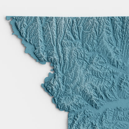 A minimalist relief map of the US State of Missouri in a frame made out of pine wood. Topographic map poster for travel and geography fans.