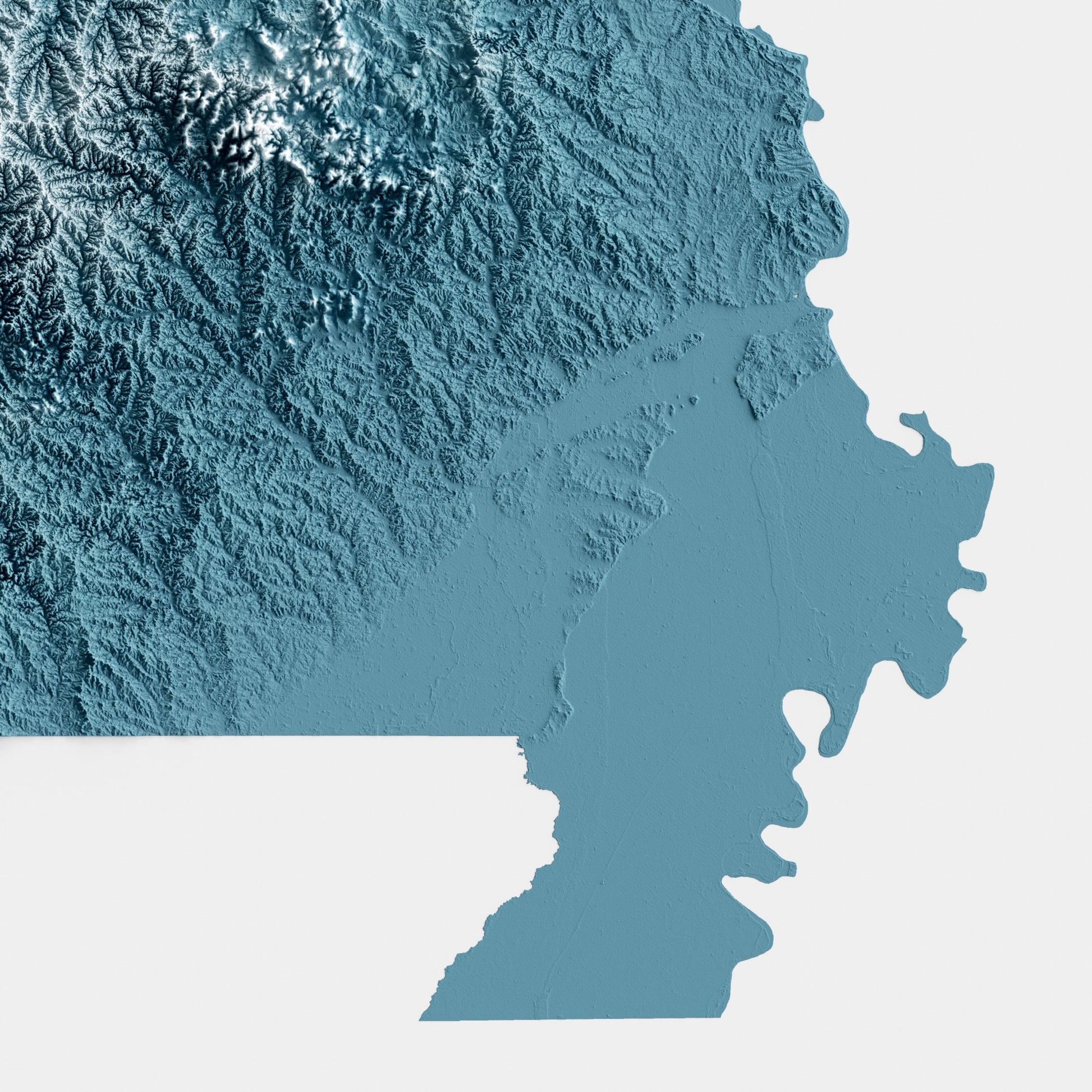 A minimalist relief map of the US State of Missouri in a frame made out of pine wood. Topographic map poster for travel and geography fans.