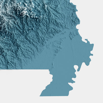 A minimalist relief map of the US State of Missouri in a frame made out of pine wood. Topographic map poster for travel and geography fans.