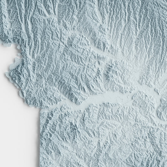 A minimalist relief map of the US State of Missouri in a frame made out of pine wood. Topographic map poster for travel and geography fans.