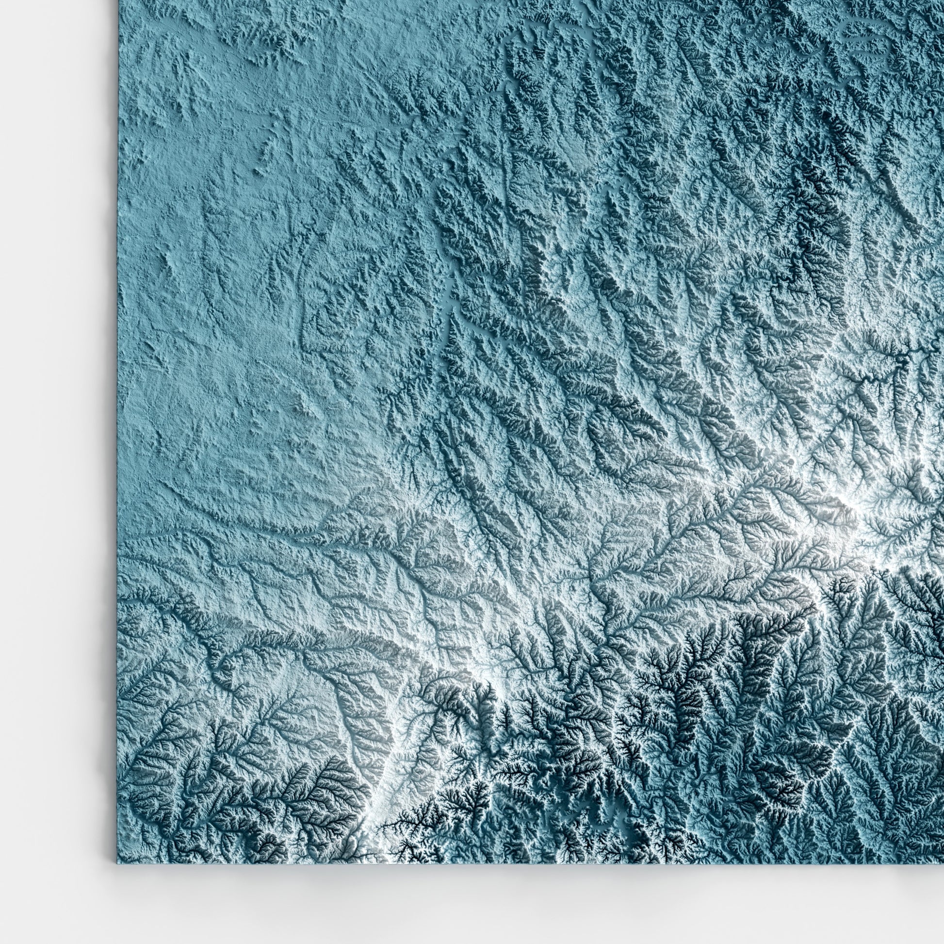 A minimalist relief map of the US State of Missouri in a frame made out of pine wood. Topographic map poster for travel and geography fans.