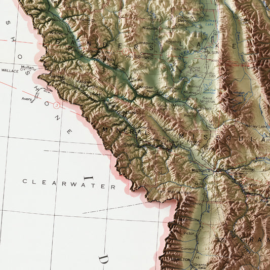 A framed elevation map of the US State of Montana in a frame made out of pine wood. This elevation map is a reproduction of the 1951 post route map of the US State of Montana and has been carefully restored by us.