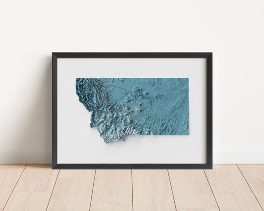A minimalist relief map of the US State of Montana in frame made out of pine wood. Topographic map poster for travel and geography fans.
