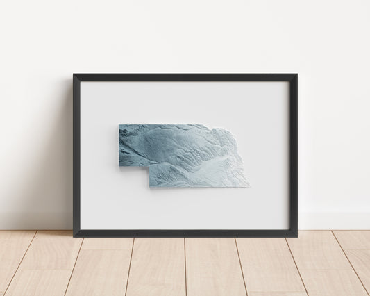 A minimalist relief map of the US State of Nebraska in a frame made out of pine wood. Topographic map poster for travel and geography fans.