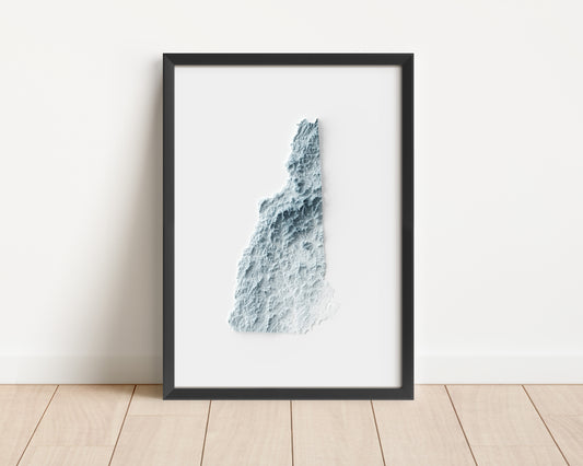 A minimalist relief map of the US State of New Hampshire in frame made out of pine wood. Topographic map poster for travel and geography fans.