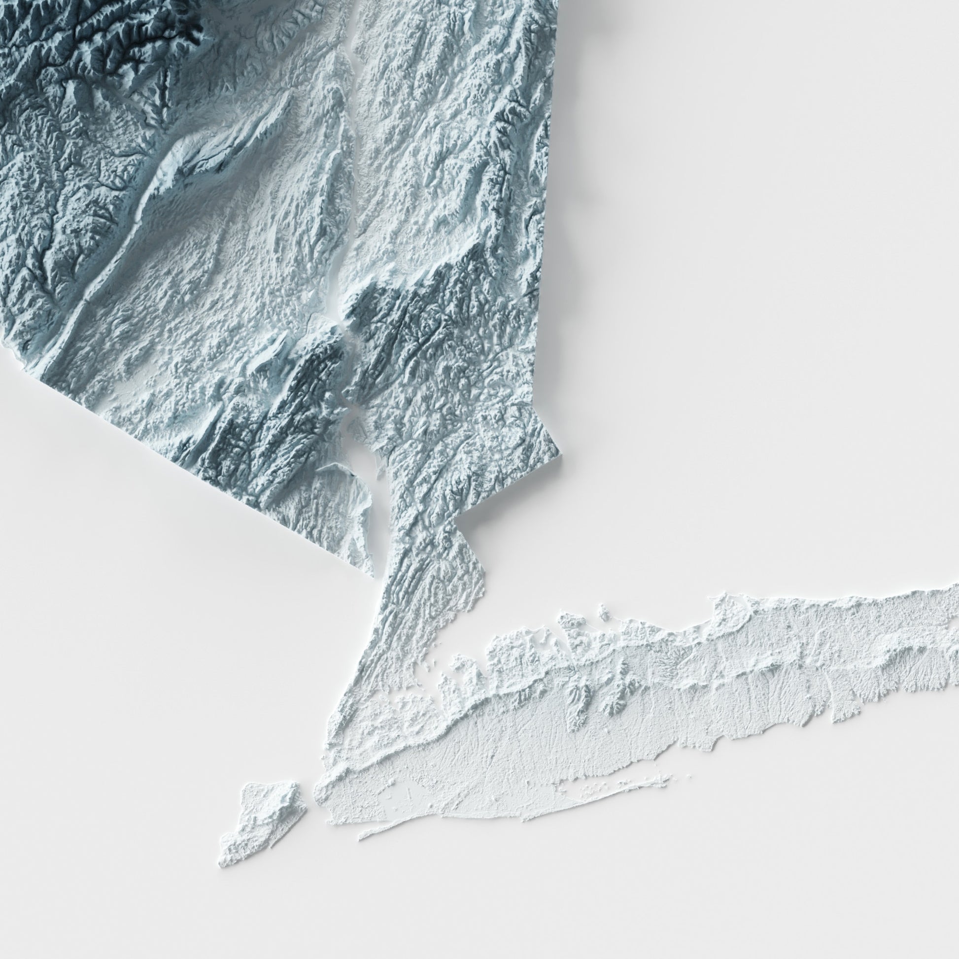 A minimalist relief map of the US State of New York in frame made out of pine wood. Topographic map poster for travel and geography fans.