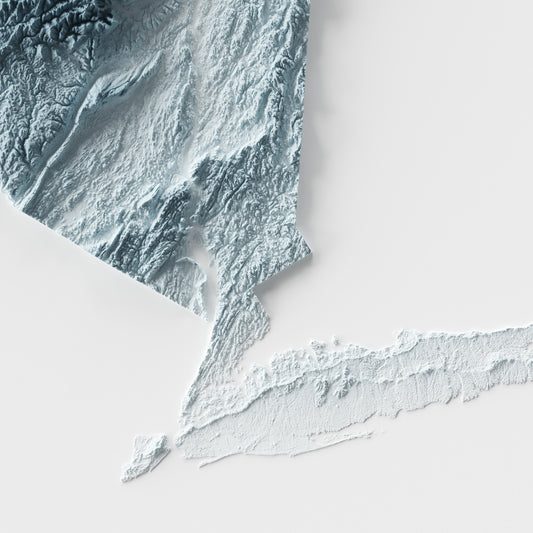 A minimalist relief map of the US State of New York in frame made out of pine wood. Topographic map poster for travel and geography fans.