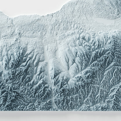 A minimalist relief map of the US State of New York in frame made out of pine wood. Topographic map poster for travel and geography fans.