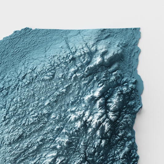 A minimalist relief map of the US State of New York in frame made out of pine wood. Topographic map poster for travel and geography fans.