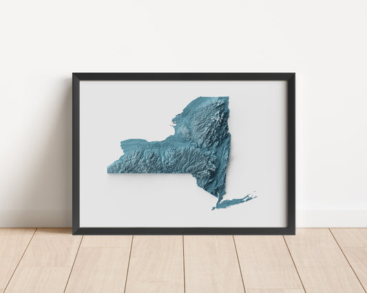 A minimalist relief map of the US State of New York in frame made out of pine wood. Topographic map poster for travel and geography fans.