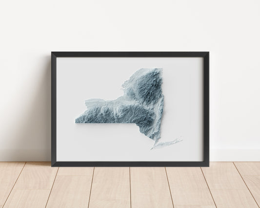 A minimalist relief map of the US State of New York in frame made out of pine wood. Topographic map poster for travel and geography fans.