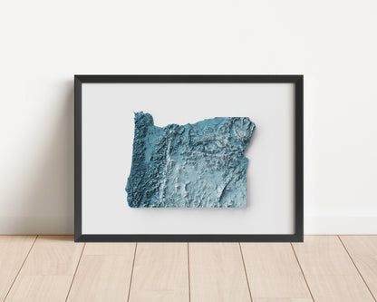 A minimalist relief map of the US State of Oregon in frame made out of pine wood. Topographic map poster for travel and geography fans.