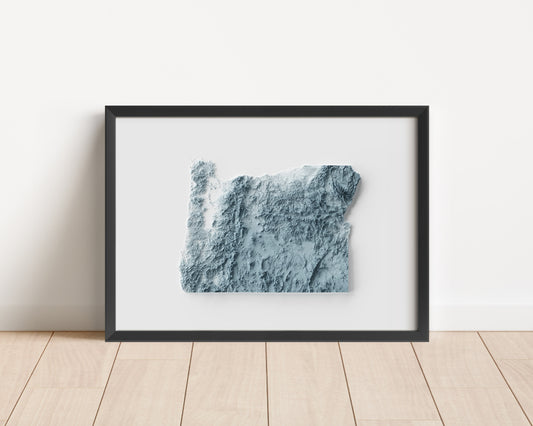 A minimalist relief map of the US State of Oregon in frame made out of pine wood. Topographic map poster for travel and geography fans.