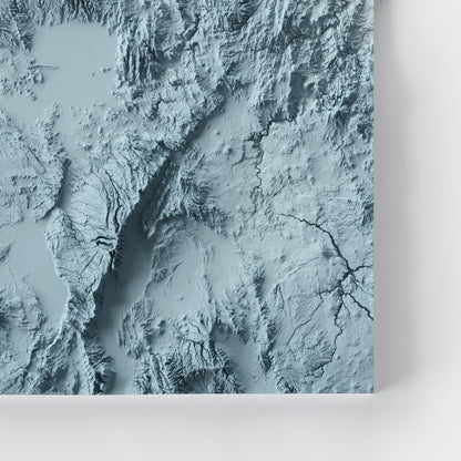 A minimalist relief map of the US State of Oregon in frame made out of pine wood. Topographic map poster for travel and geography fans.