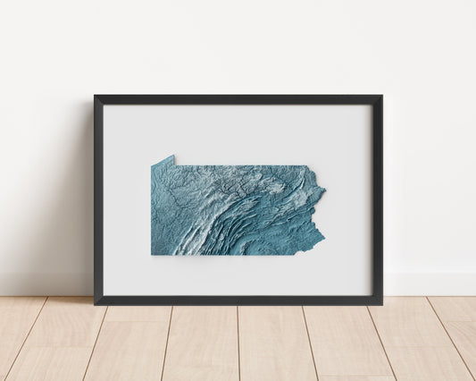 A minimalist relief map of the US State of Pennsylvania in a frame made out of pine wood. Topographic map poster for travel and geography fans.