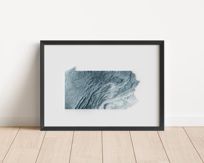 A minimalist relief map of the US State of Pennsylvania in a frame made out of pine wood. Topographic map poster for travel and geography fans.