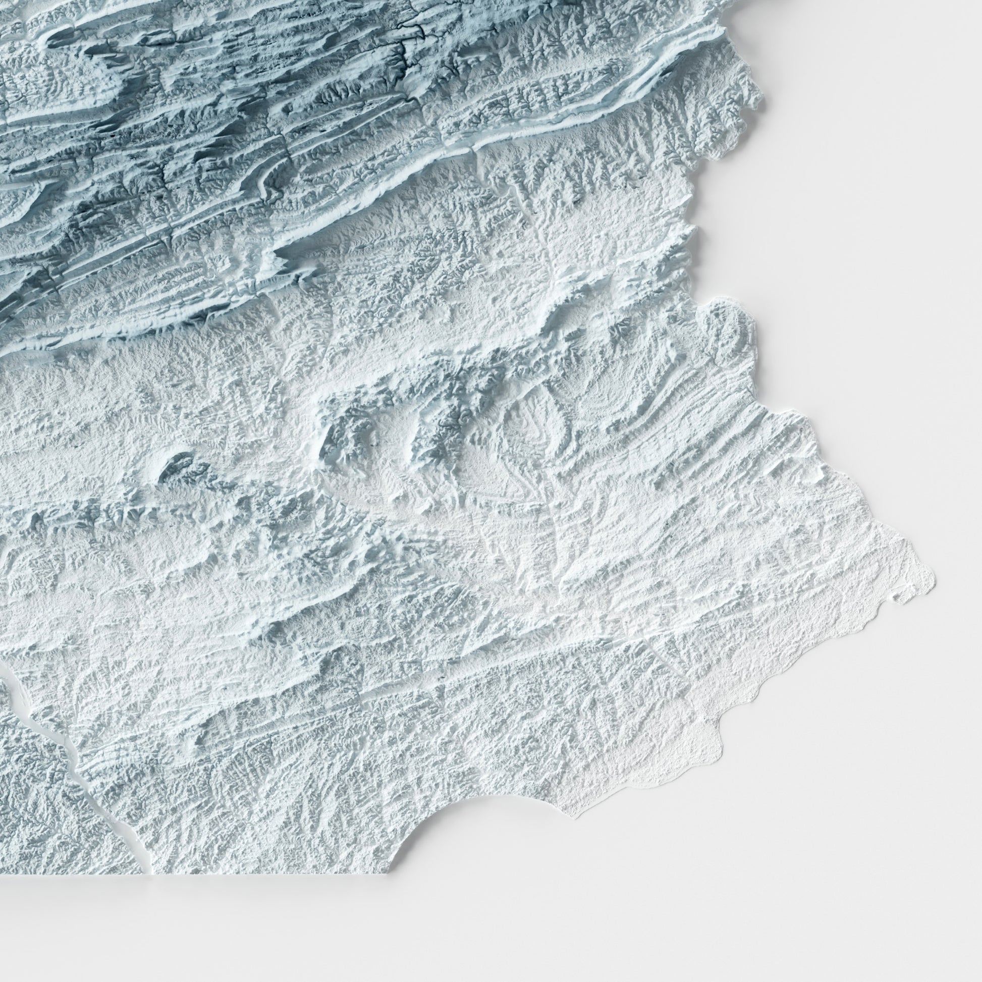 A minimalist relief map of the US State of Pennsylvania in a frame made out of pine wood. Topographic map poster for travel and geography fans.