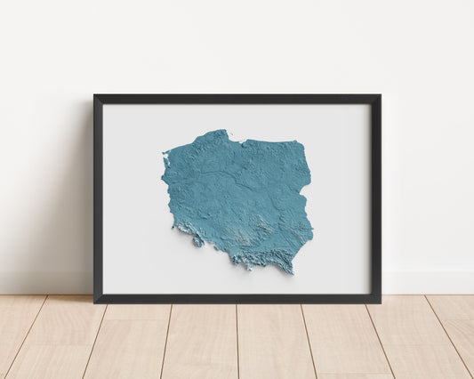 A minimalist relief map of Poland in a frame made out of pine wood. Topographic map poster for travel and geography fans.
