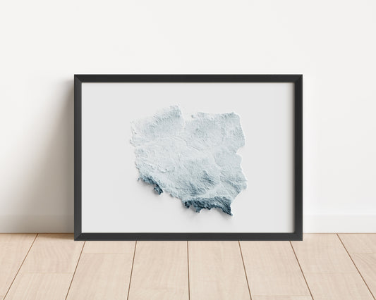 A minimalist relief map of Poland in a frame made out of pine wood. Topographic map poster for travel and geography fans.