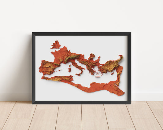 A relief map print of the Roman Empire in a wooden frame. This map poster showcases the topography of the Roman Empire from 118 AD.