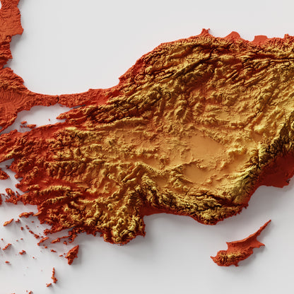 A relief map print of the Roman Empire in a wooden frame. This map poster showcases the topography of the Roman Empire from 118 AD.