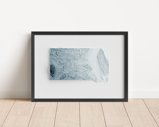 A minimalist relief map of the US State of South Dakota in a frame made out of pine wood. Topographic map poster for travel and geography fans.