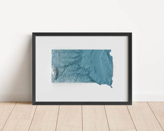 A minimalist relief map of the US State of South Dakota in a frame made out of pine wood. Topographic map poster for travel and geography fans.