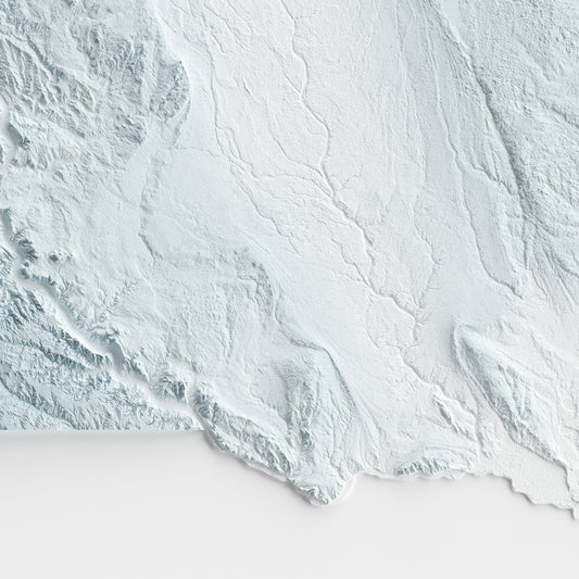 A minimalist relief map of the US State of South Dakota in a frame made out of pine wood. Topographic map poster for travel and geography fans.
