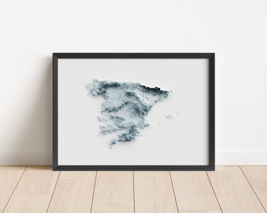 A minimalist relief map of Spain in a frame made out of pine wood. Topographic map poster for travel and geography fans.