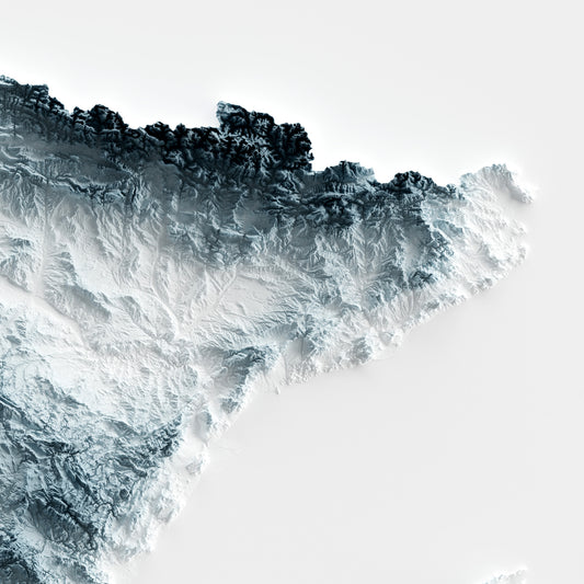 A minimalist relief map of Spain in a frame made out of pine wood. Topographic map poster for travel and geography fans.