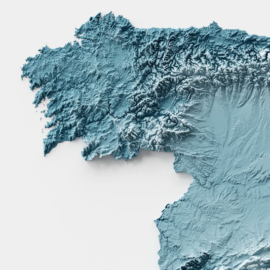 A minimalist relief map of Spain in a frame made out of pine wood. Topographic map poster for travel and geography fans.