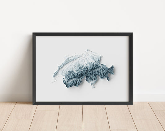 A minimalist relief map of Switzerland in a frame made out of pine wood. Topographic map poster for travel and geography fans.