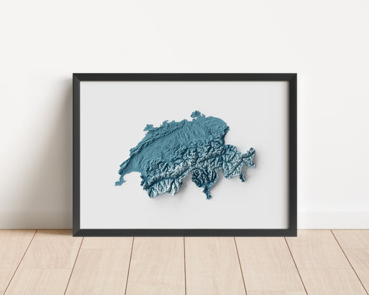 A minimalist relief map of Switzerland in a frame made out of pine wood. Topographic map poster for travel and geography fans.
