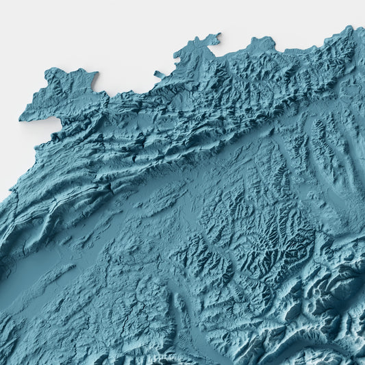 A minimalist relief map of Switzerland in a frame made out of pine wood. Topographic map poster for travel and geography fans.