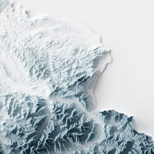A minimalist relief map of Switzerland in a frame made out of pine wood. Topographic map poster for travel and geography fans.