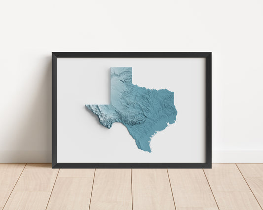 A minimalist relief map of the US State of Texas in frame made out of pine wood. Topographic map poster for travel and geography fans.