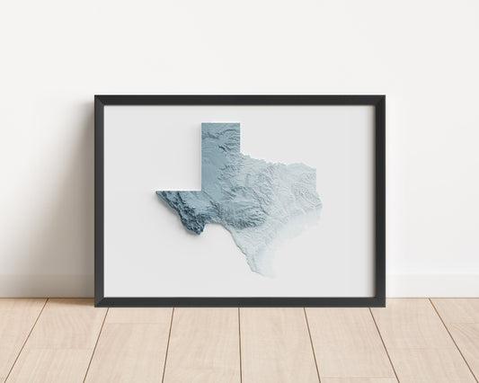A minimalist relief map of the US State of Texas in frame made out of pine wood. Topographic map poster for travel and geography fans.